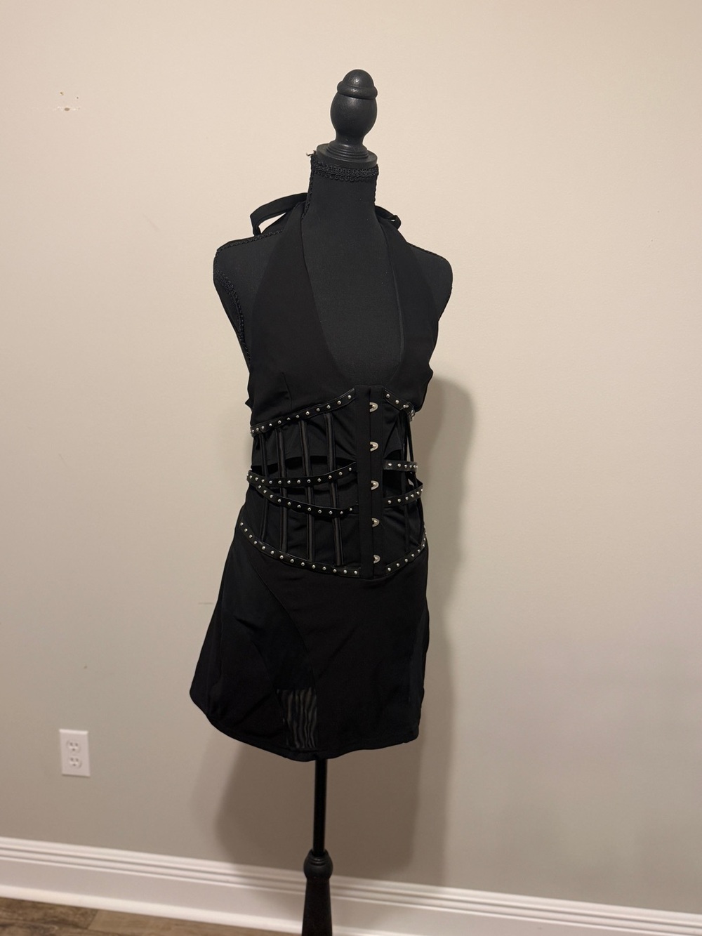 Black Halter Mini Dress with Studded Corset Waist